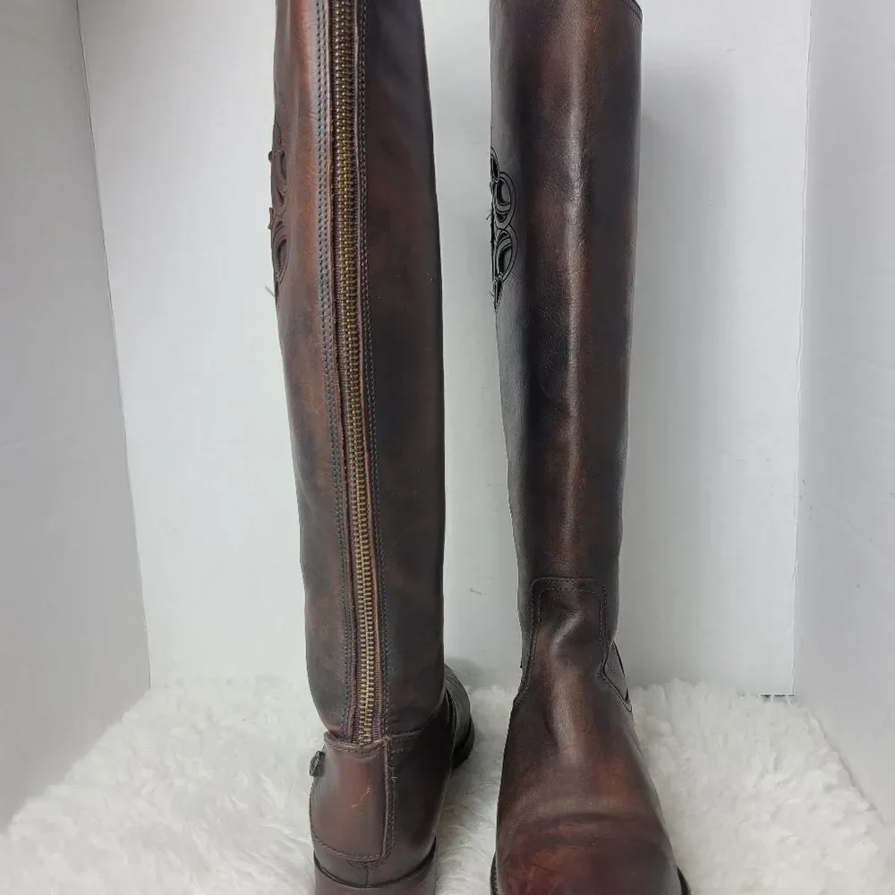 Frye Lindsay Womens Boots Size 8.5 Logo Embroidered Brown Riding Back Side Zip